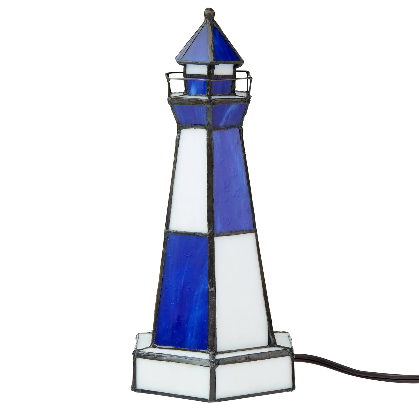 10.4"H Tiffany-Style  Blue & White Stained Glass Lighthouse Accent Lamp
