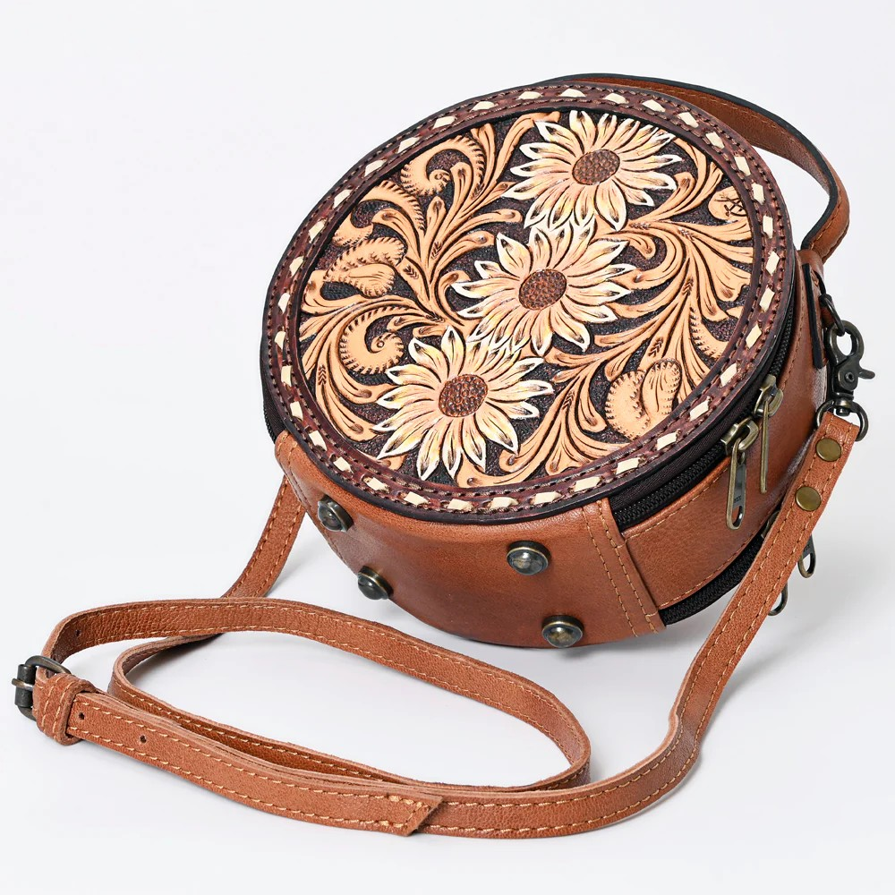 American Darling Western Tooled Leather Crossbody Canteen Bag Floral Carved Floral Inlay