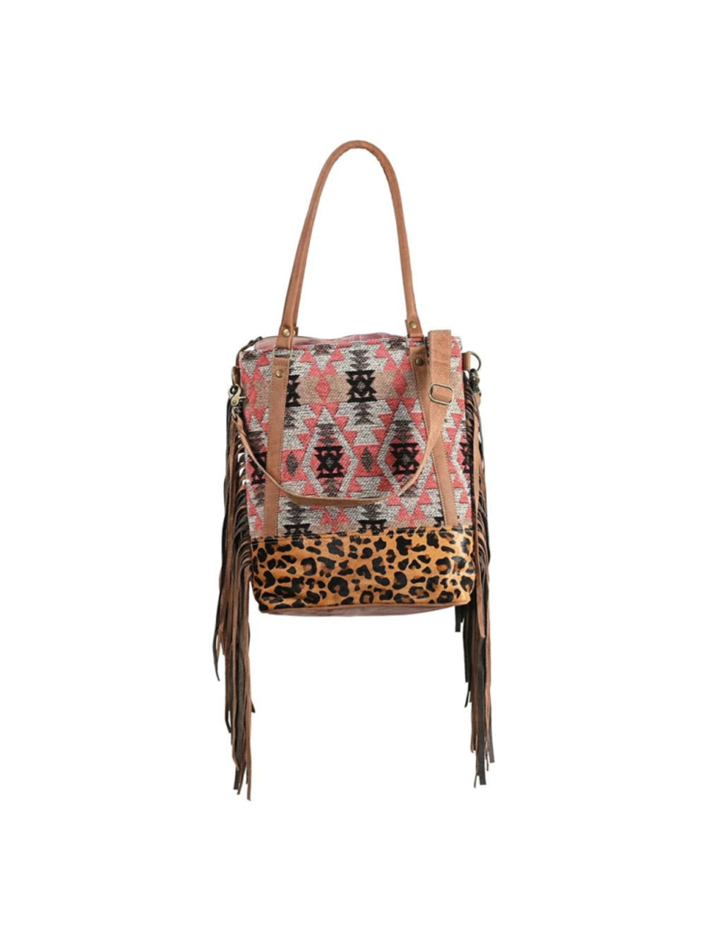 Ohlay by American Darling Boho Wild Leopard Fringe 2 in 1 Aztec Tote Bag