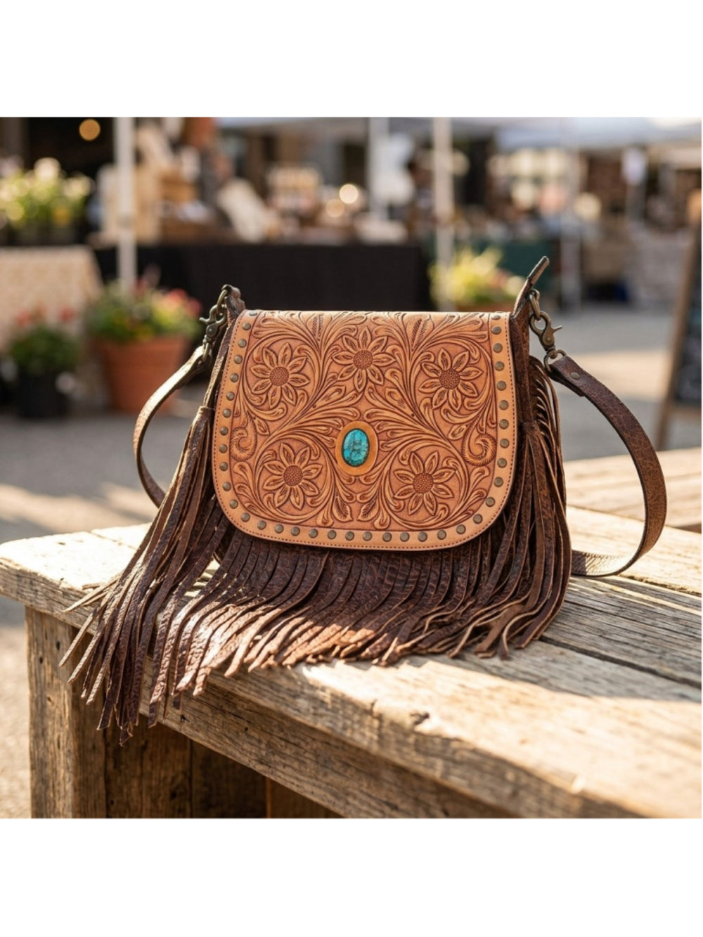American Darling Western Turquoise Blooms Fringe Crossbody