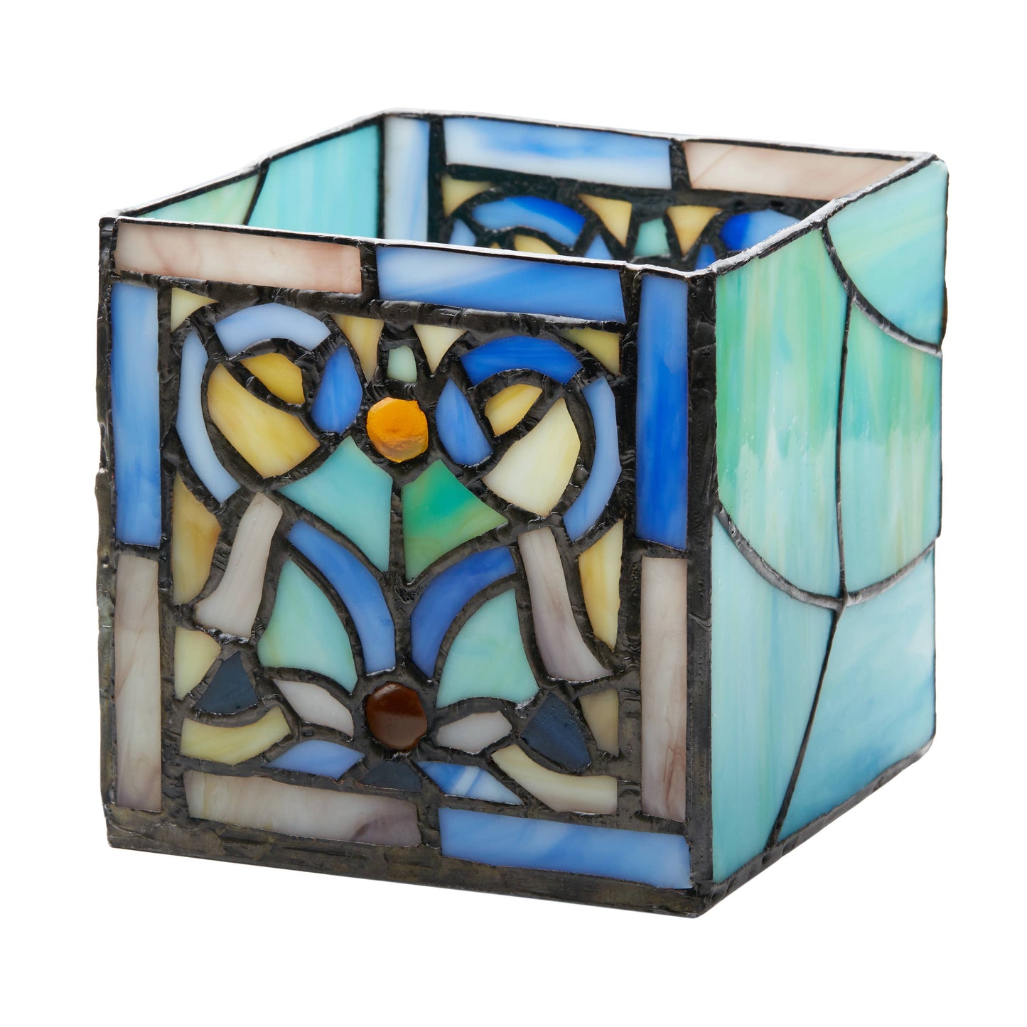 4.75"H Ilsa  Blue Flourishes Stained Glass Candle Holder