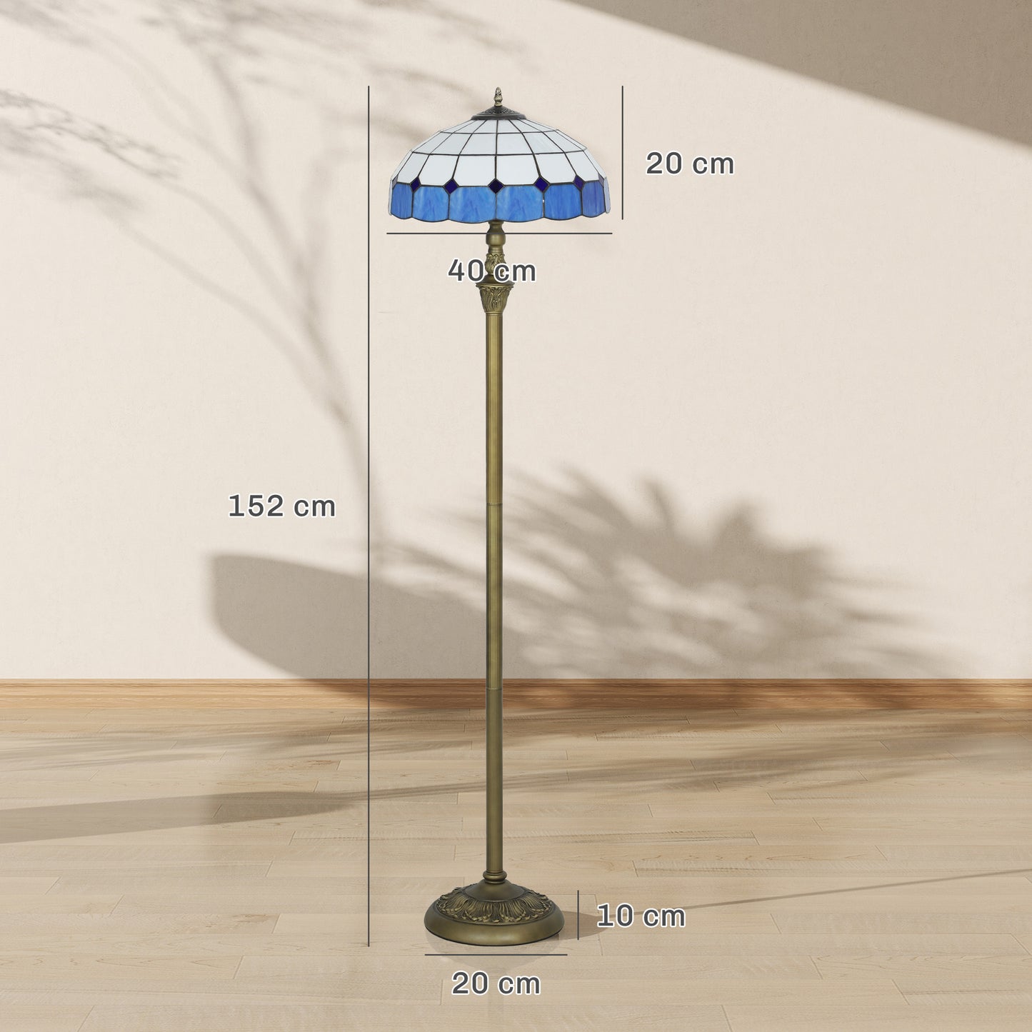 Tiffany-Style Floor Lamp With Handcrafted Stained Glass Shade, 152cm Tall Vintage Standing Lamp With Foot Switch And Dual Sockets For Living Room Bedroom, Bronze Tone And Blue