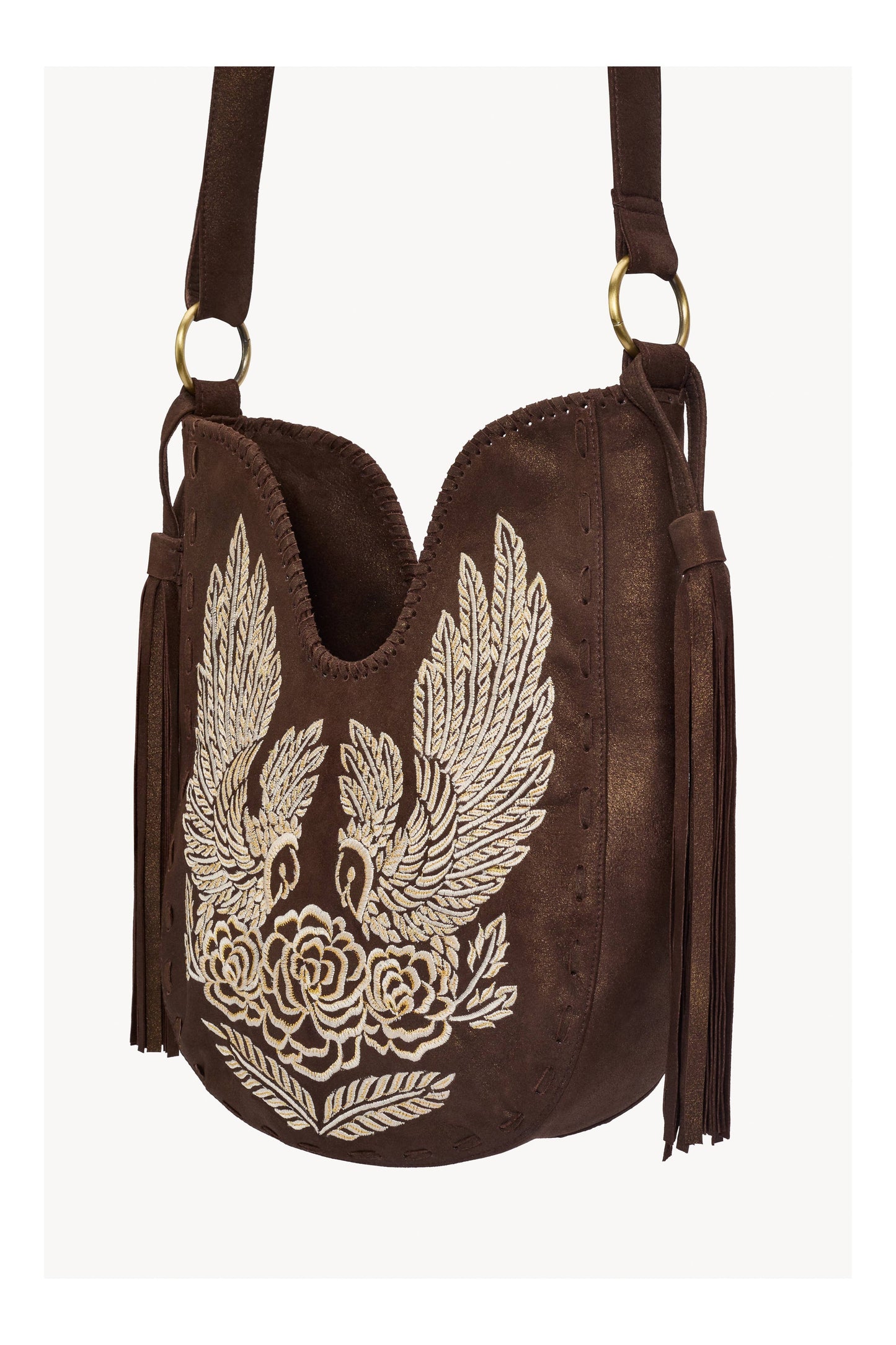 Owl Rose Embroidery Bag Metallic Brown