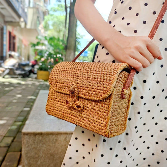 Crossbody Bag With A Butterfly Buckle Handwoven Rattan