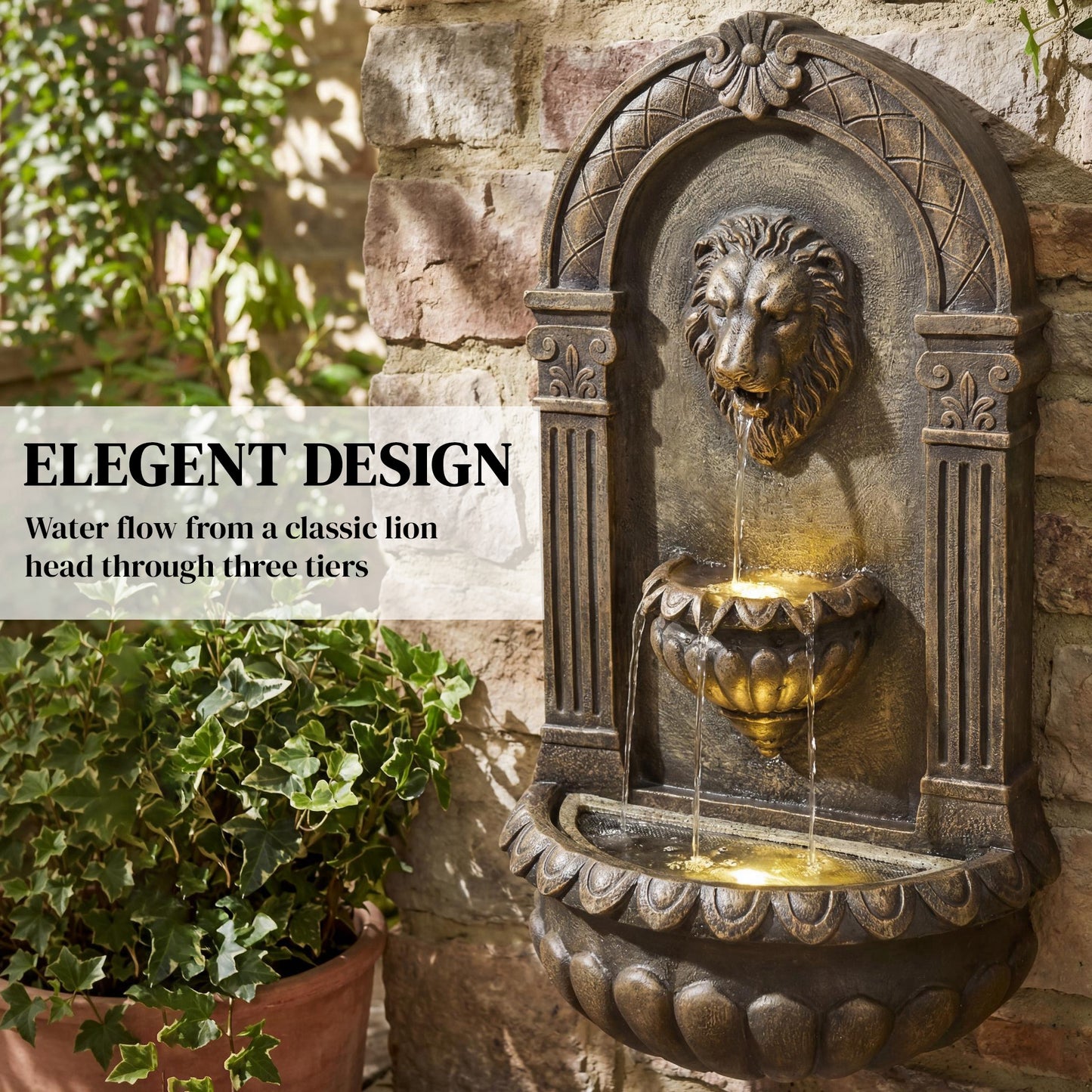 31" Wall-Mounted Outdoor Fountain, 3-Tier Cascading Waterfall Feature with LED Lights and Adjustable Flow, Bronze