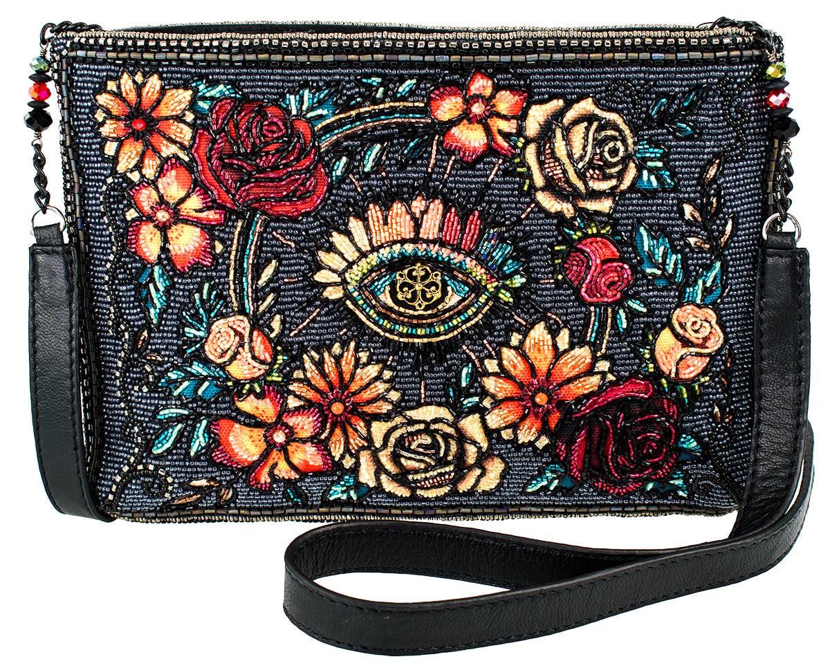 New Mary Frances Eye on You Black, Red, and Orange Floral Beaded Handbag- preorder Avail august 2025