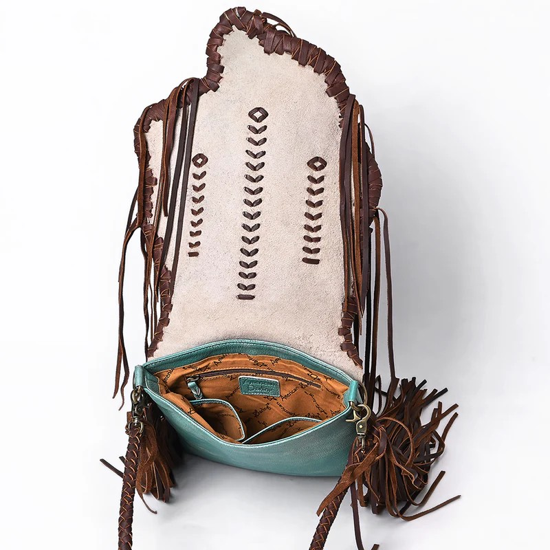 American Darling Turquoise & Brown Genuine Leather Fringe Messenger Bag with Braided Detail -Conceal Carry