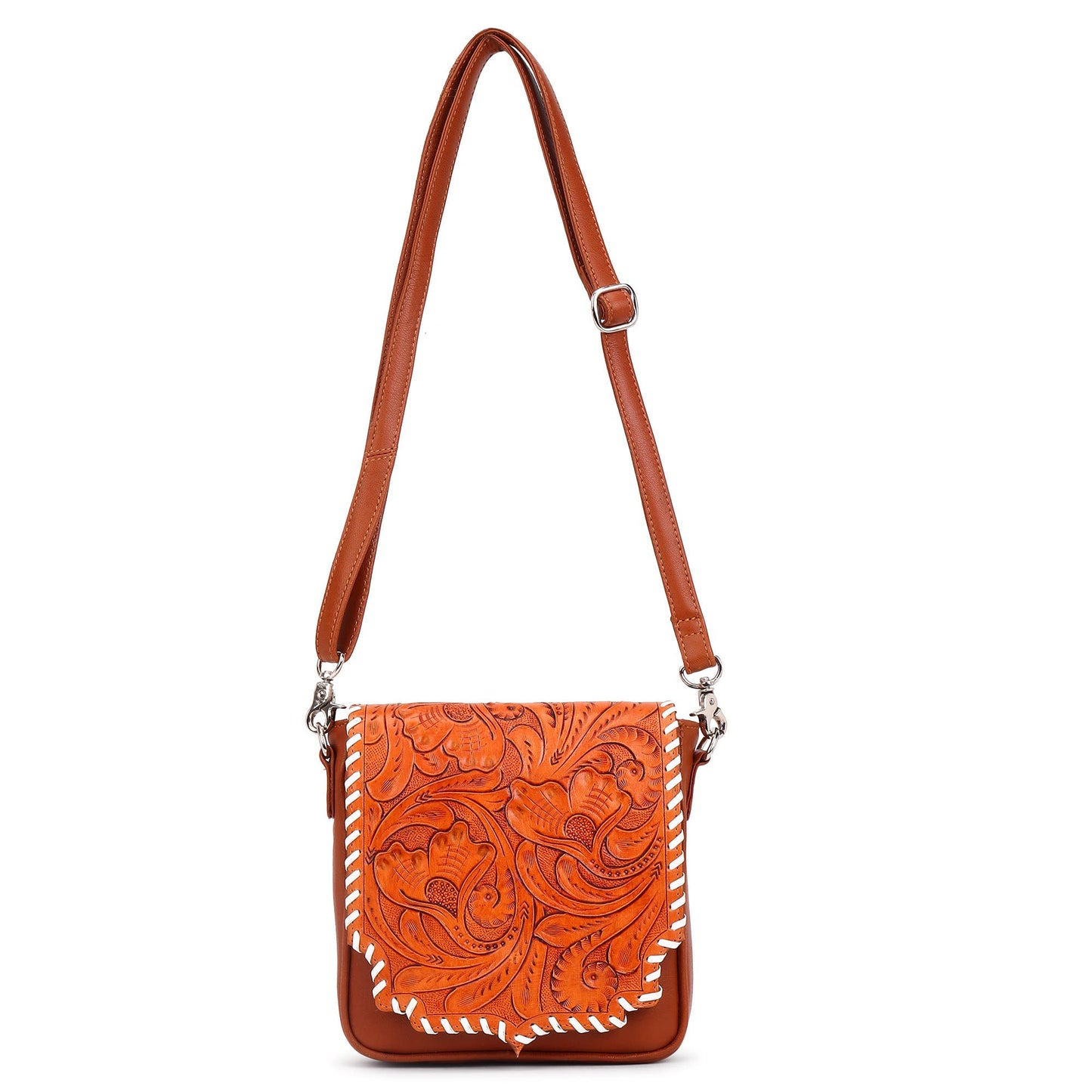 Hummingbird Blooms Leather Tooled Fringed crossbody