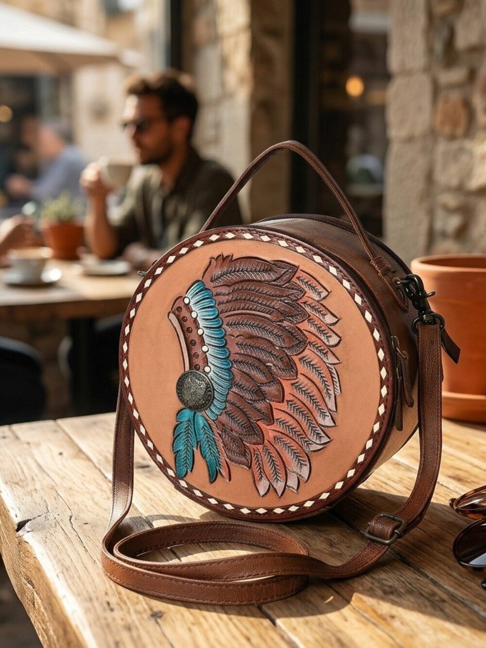 American Darling Boho Feather Head Dress Round Crossbody Canteen Bag