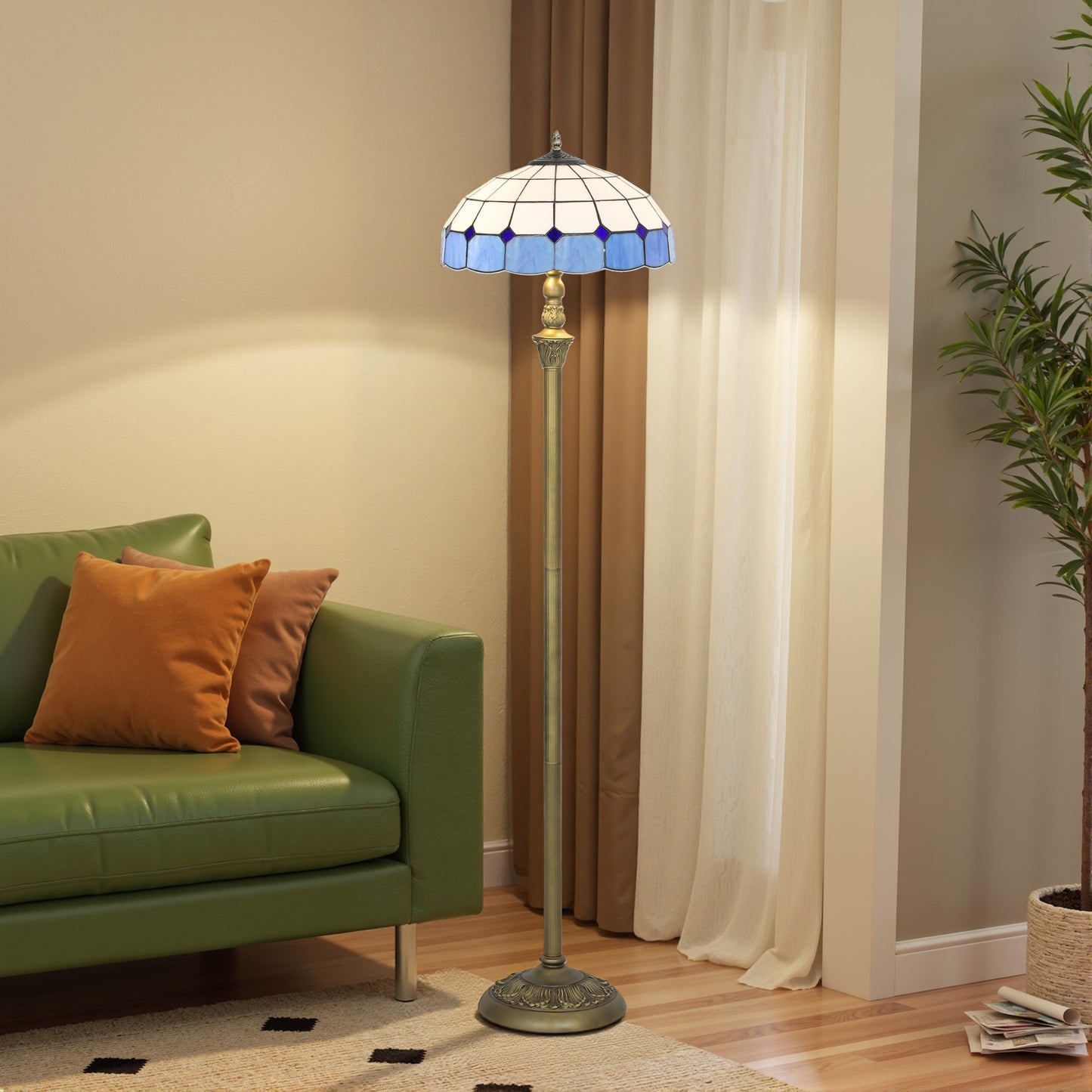 Tiffany-Style Floor Lamp With Handcrafted Stained Glass Shade, 152cm Tall Vintage Standing Lamp With Foot Switch And Dual Sockets For Living Room Bedroom, Bronze Tone And Blue