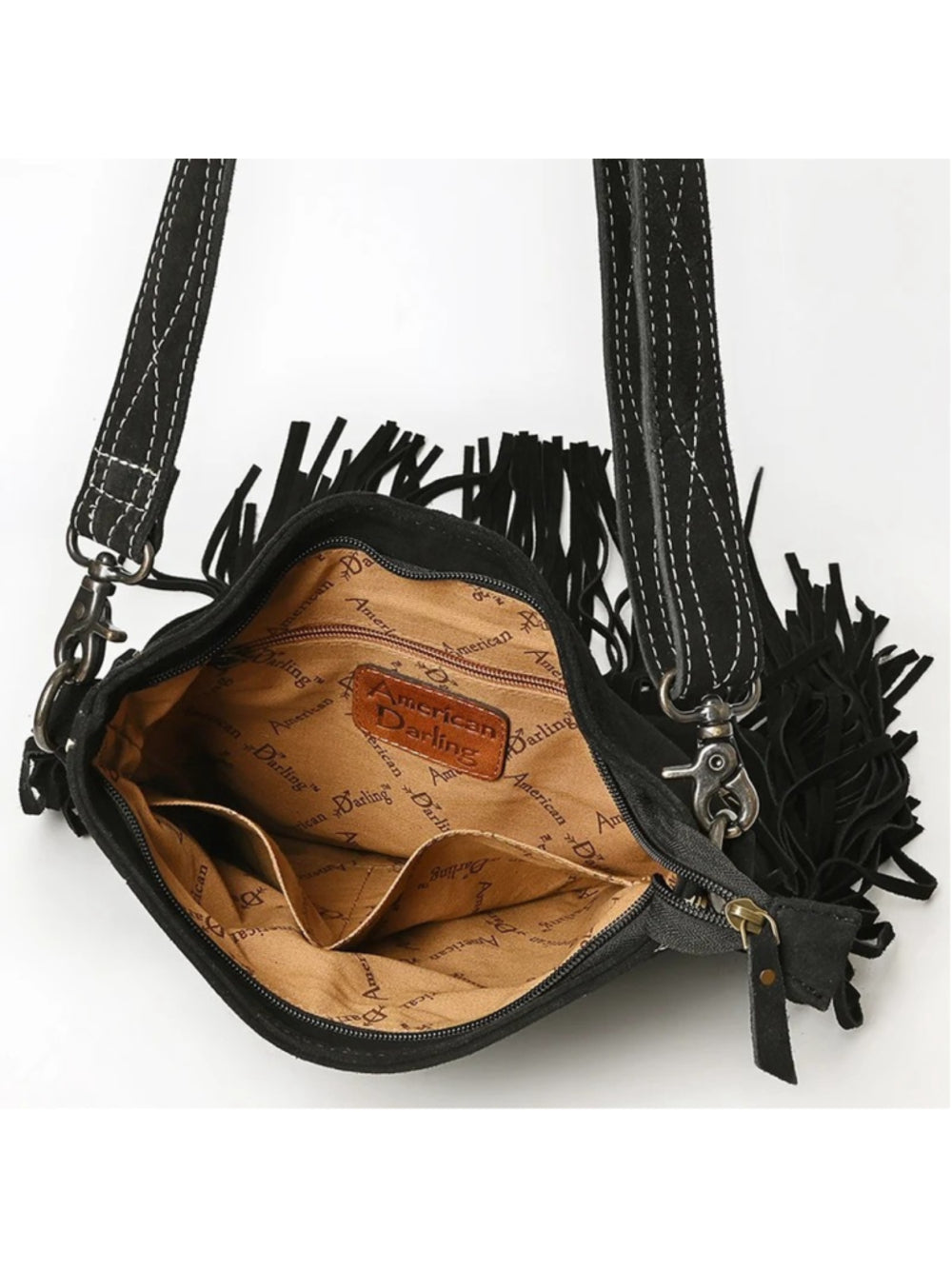 American Darling Black Suede Stitched Boho Fringe Western Crossbody Bag