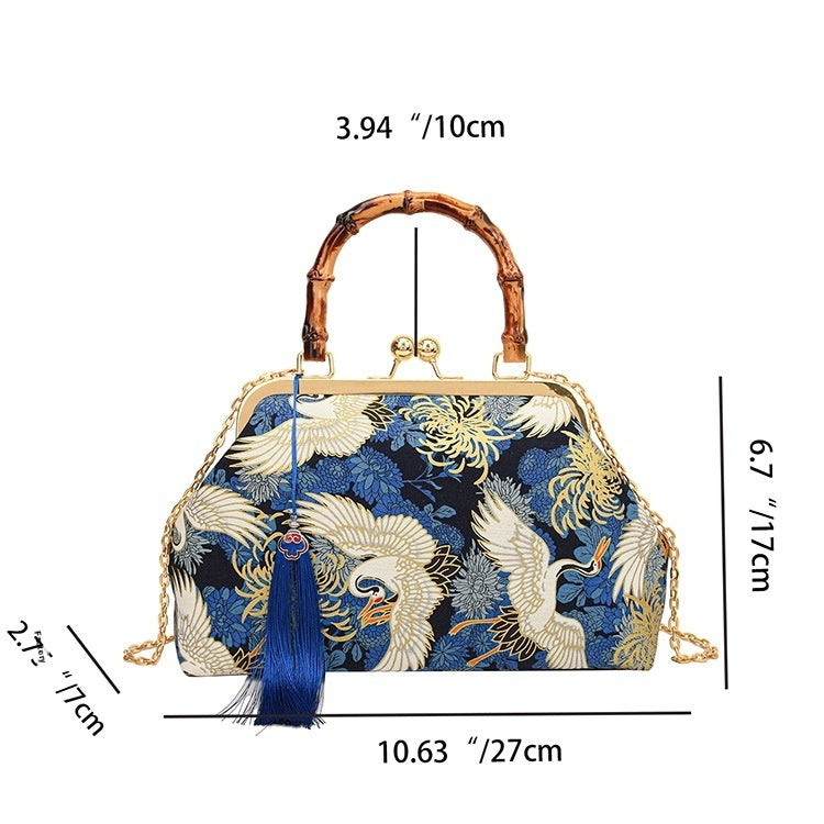 The Red -crowned Crane Retro inspired kisslock Style Embroidered Clutch Bag