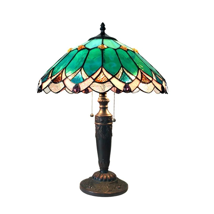 "DEMETER" Tiffany-style 2 Light Table Lamp 16" Green Shade