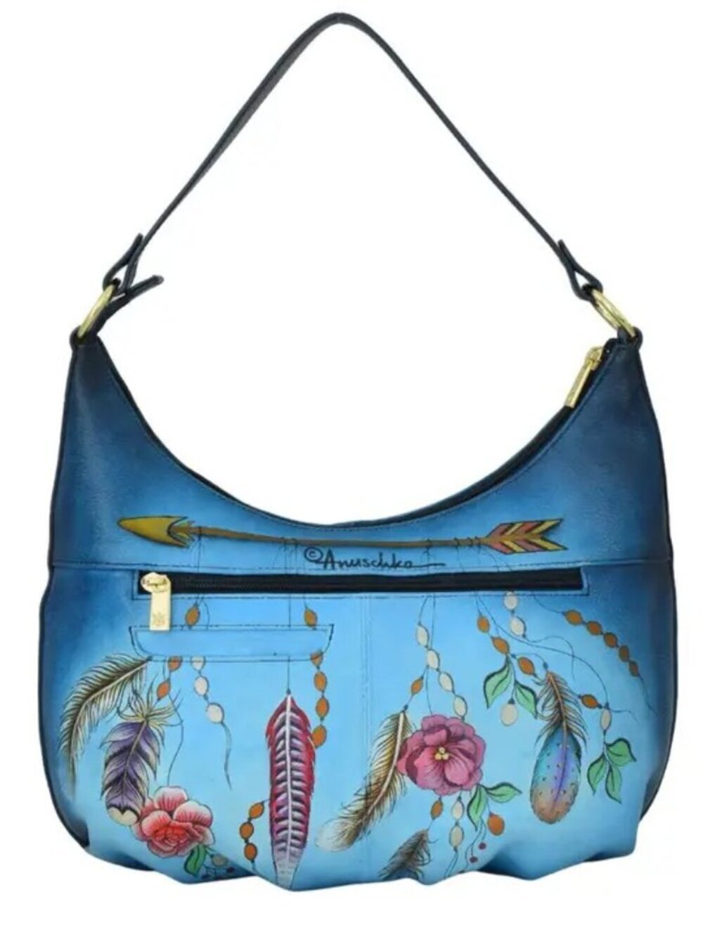 Anuschka Handpainted blue ombre Boho Spirit Skull Hobo Bag