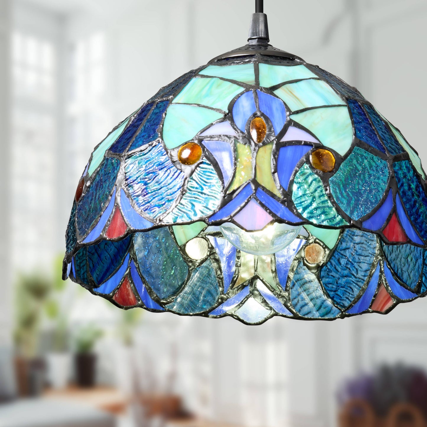 10.25"W Halston Traditional Blue Dome stained glass Shade Pendant
