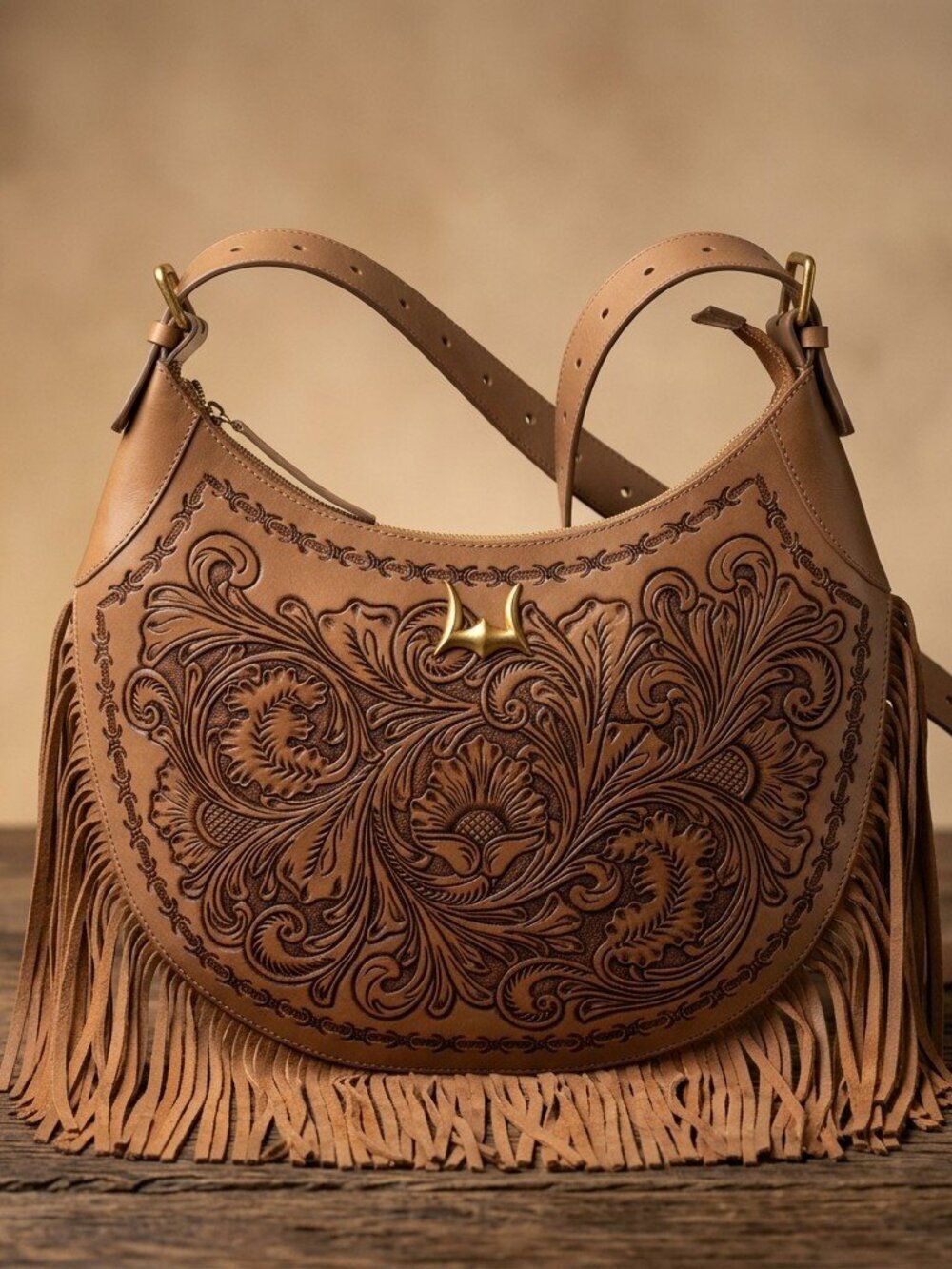 Western Lunella Hand Tooled Leather Fringe Crossbody