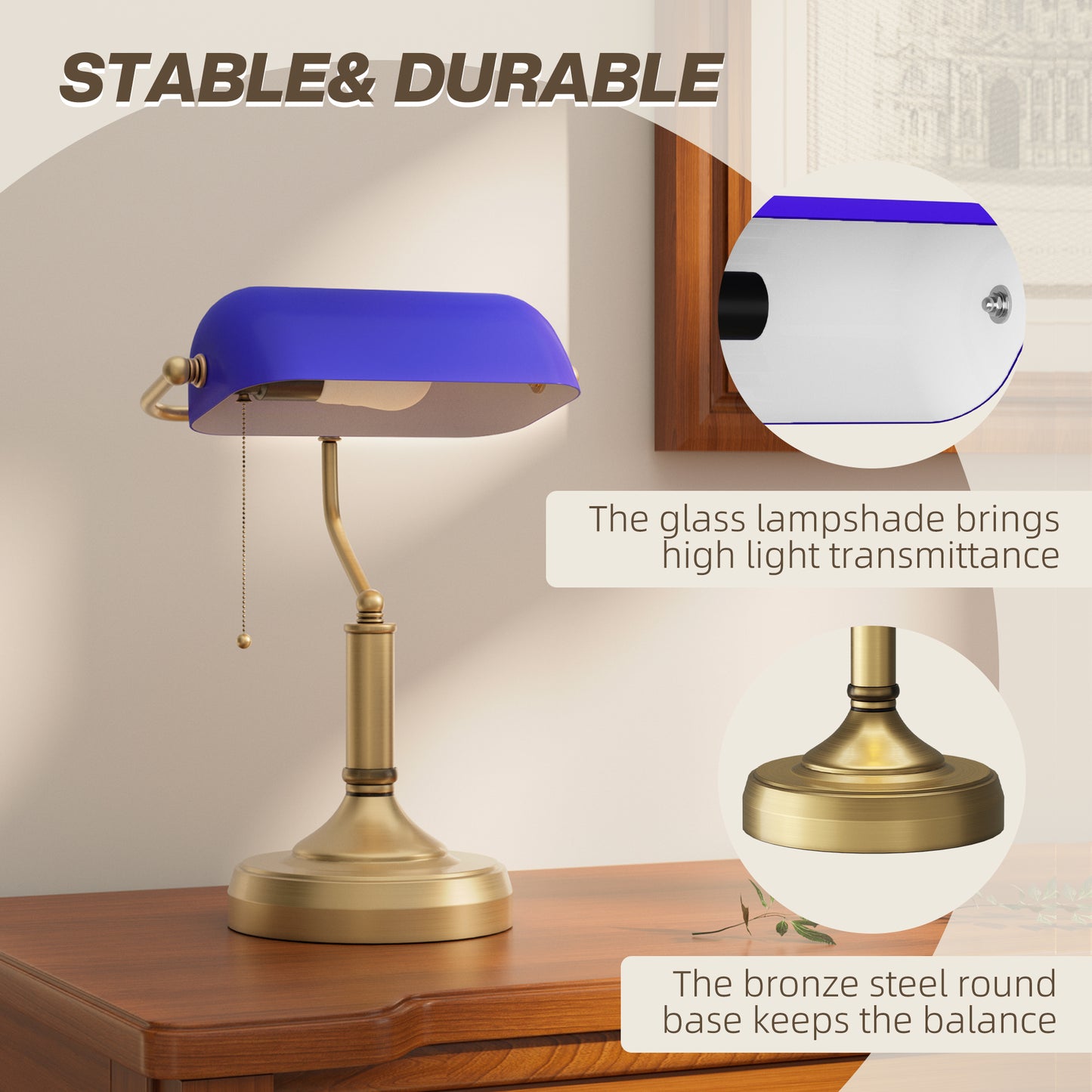 Banker's Desk Lamp With Antique Bronze Tone Base, Table Lamp With Blue Glass Shade For Home Office, Blue