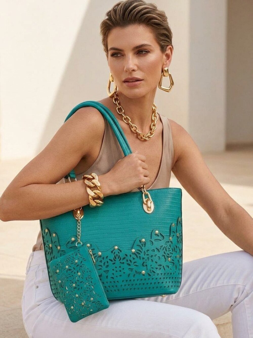 Aurelia Cutout Tote Set with Rhinestone accents