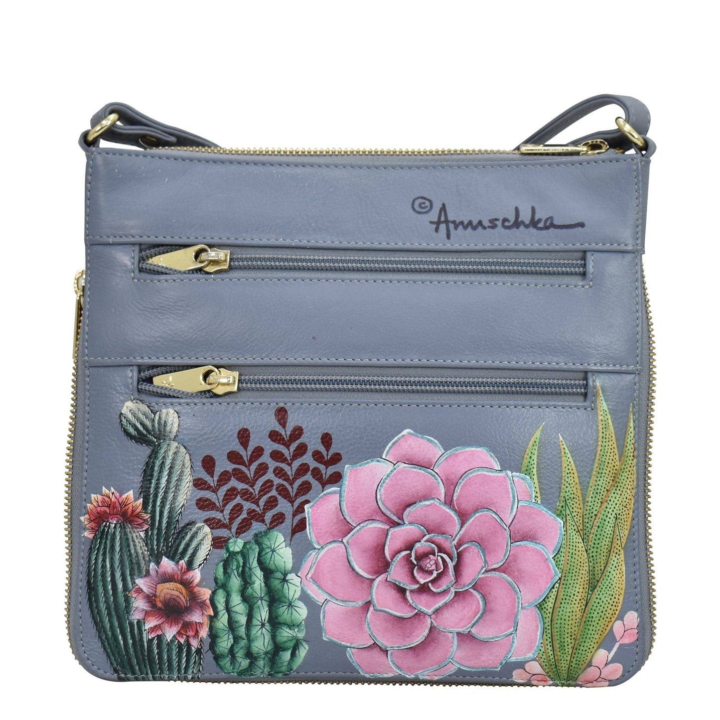 Anuschka Hand-Painted Leather Expandable Travel Crossbody - 550- dusty blue with cactus flowers