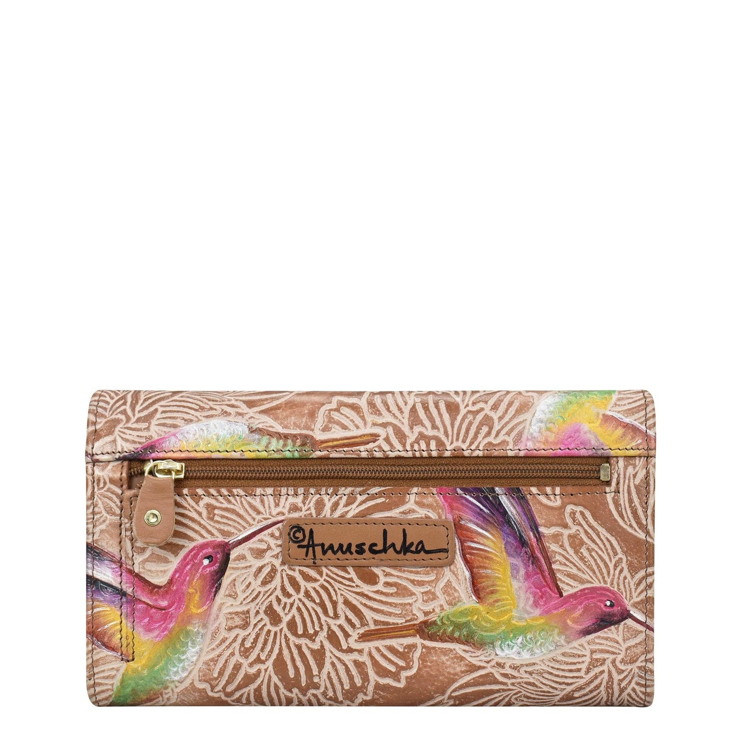 Anuschka Accordion Flap Wallet - 1112 with hummingbirds pink and peach leather