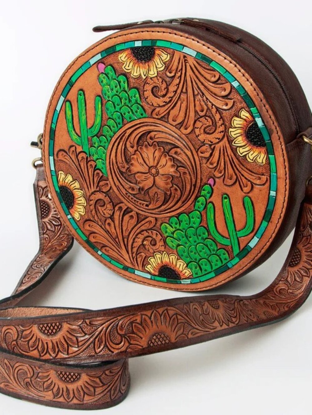 American Darling Desert Sunflower Bloom Tooled Crossbody Canteen Bag