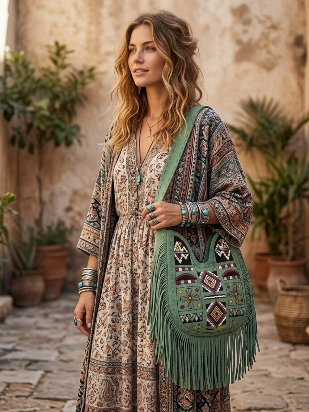 American Darling Sage Green Fringe Tribel embroidered Hobo Bag