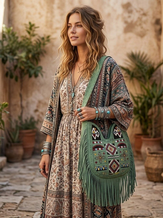 American Darling Sage Green Fringe Tribel embroidered Hobo Bag