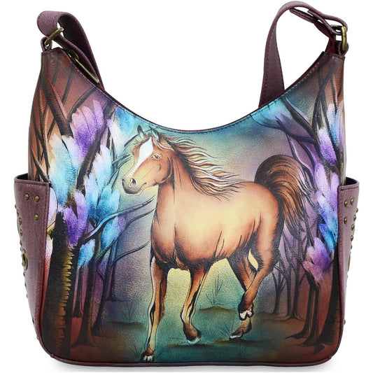 Anuschka Hand-Painted Leather Classic Hobo With Studded Side Pockets - 433-horse