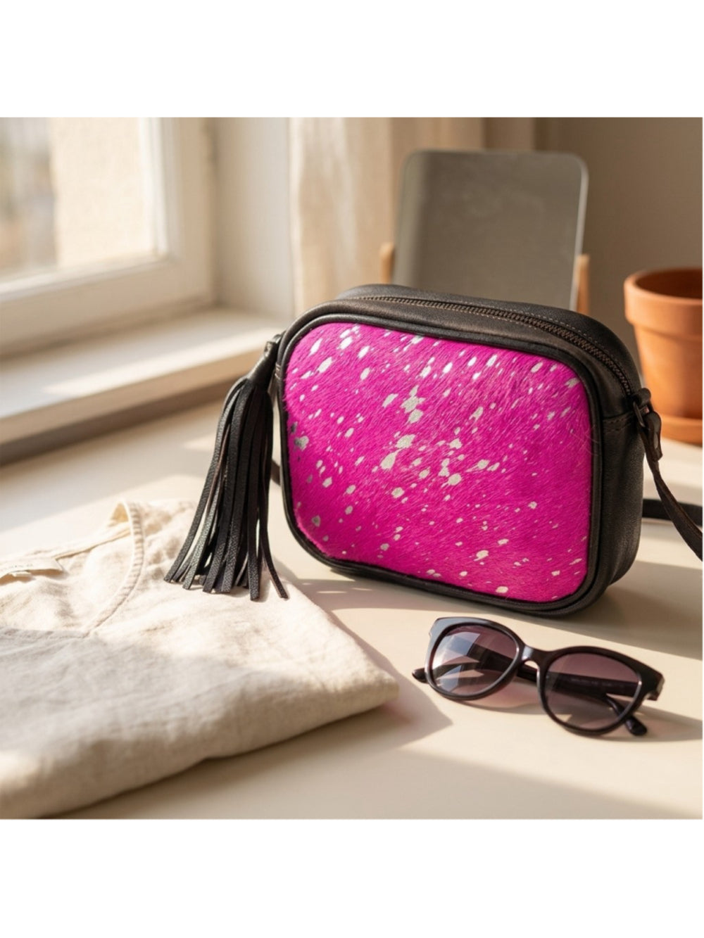 American Darling Hot Pink Sparkle Splash Tassel Crossbody Bag