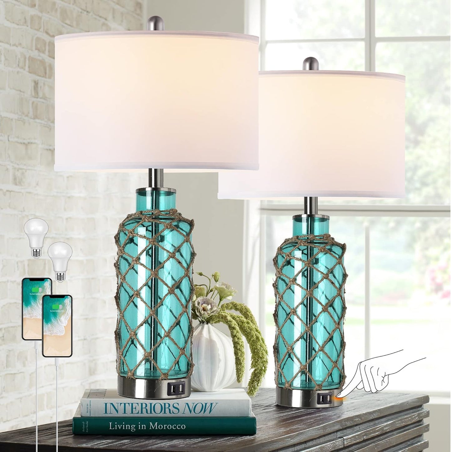 Cottage Nautical Accent Table Lamp Set Of 2, Touch Control Coastal Blue Green Glass Rope Net Bedside Lamp With 2 USB Ports, 3-Way Dimmable Nightstand Lamps With White Shade For Living Room, Bedroom
