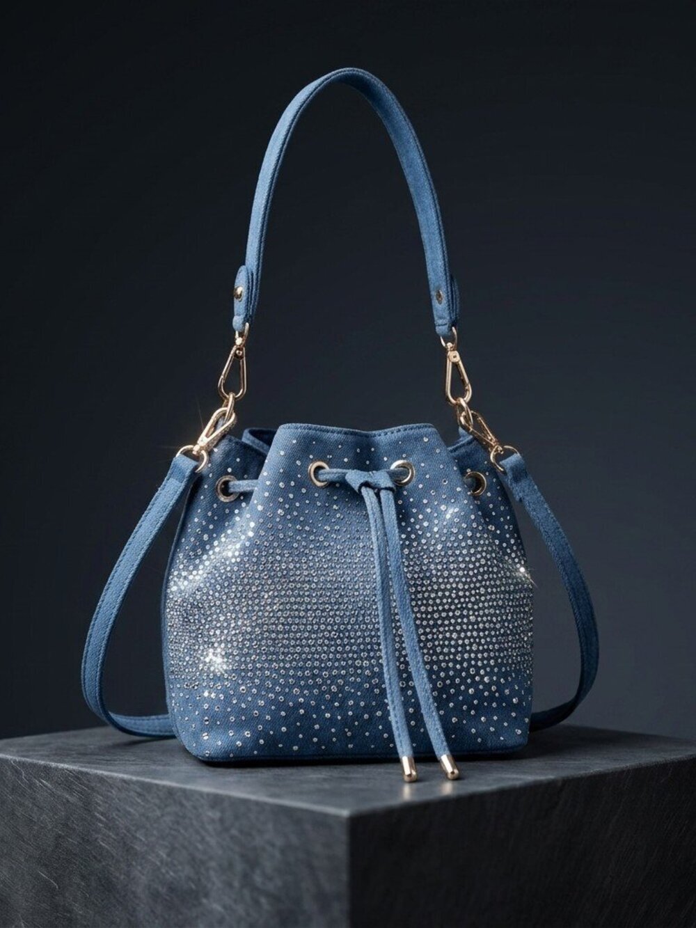 Twinkle Drift Denim Rhinestone Bucket Bag