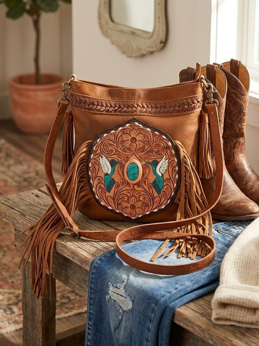 American Darling Turquoise Hummingbird Spirit Fringe Crossbody