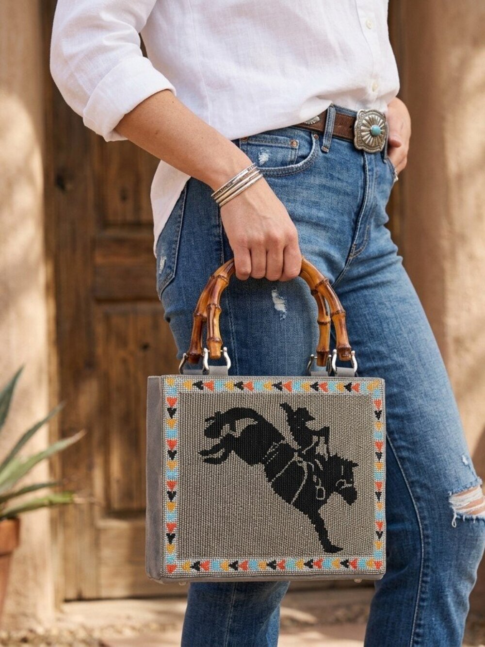 Free Rein Western Hand Beaded Bag in Grey with Bamboo Handle