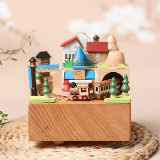 Handmade Wooden Music Box with rotating train