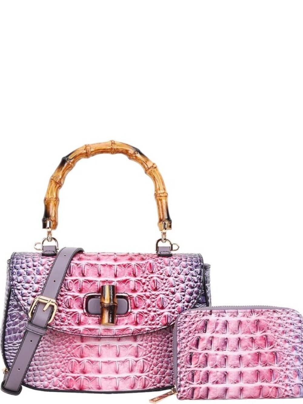 Bamboo handle croc embossed Tie-dyed satchel and wallet set