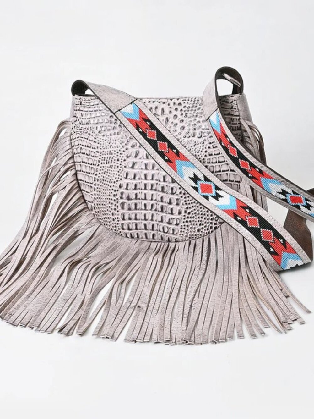 American Darling Boho Fringe Crossbody Statement Bag- Croc Embossed Metallic finish