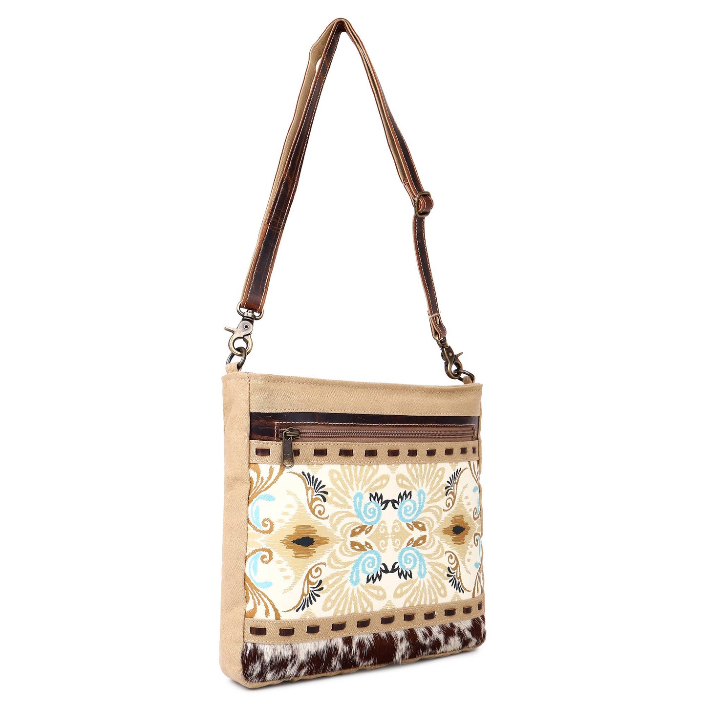 Canvas Cowhide & Leather Women Shoulder Bag - Khaki