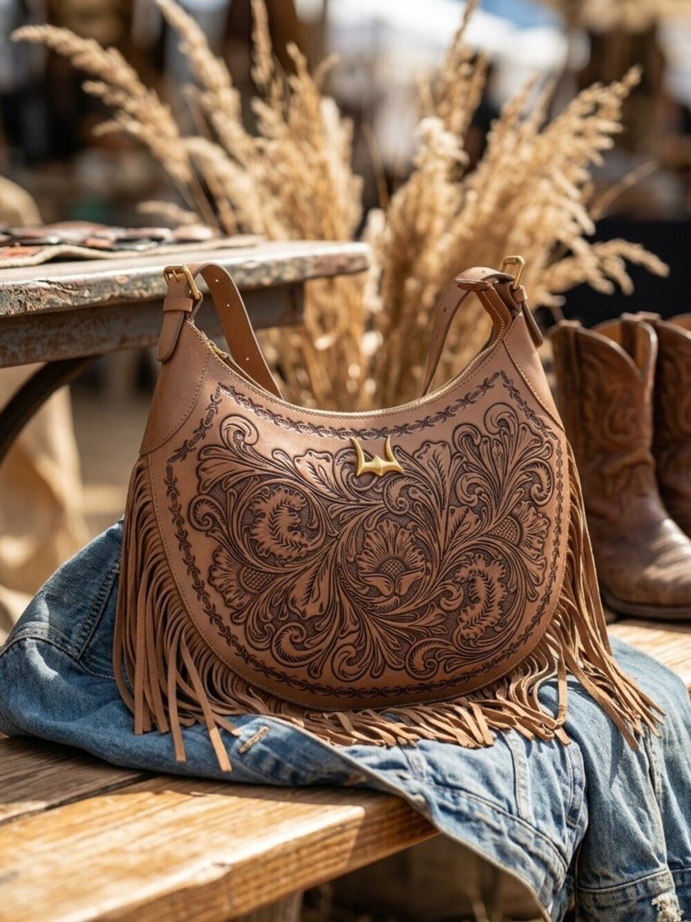 Western Lunella Hand Tooled Leather Fringe Crossbody