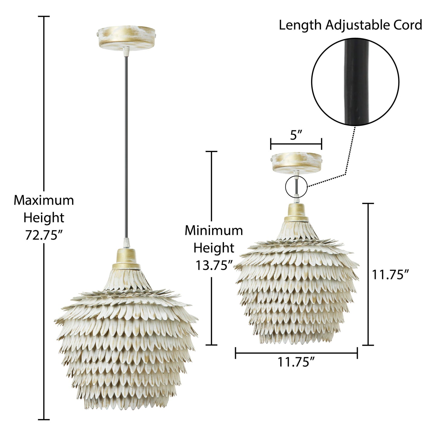 11.75"W 1-Light Moira White and Gold-Finish Metal Pendant