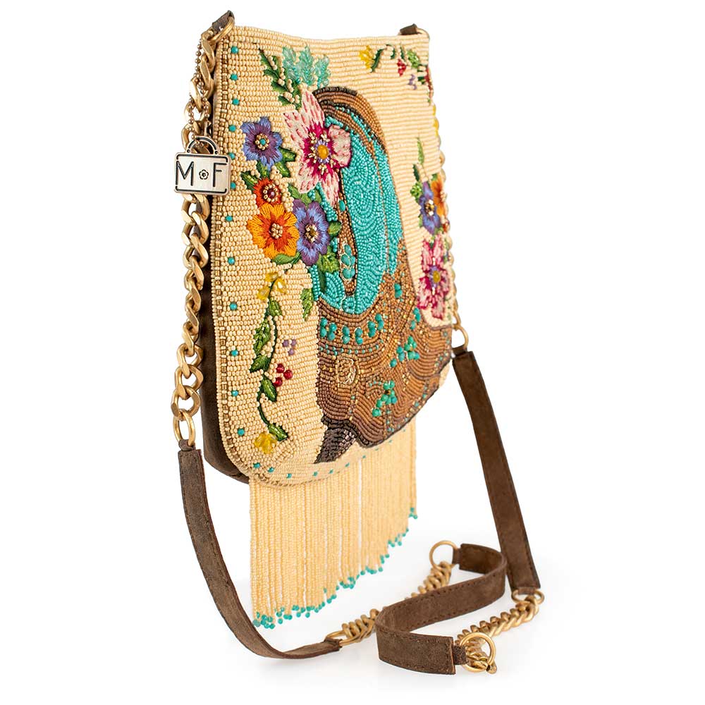 Mary Frances Line Dance Beaded Cowboy Boots and Flowers Crossbody Handbag