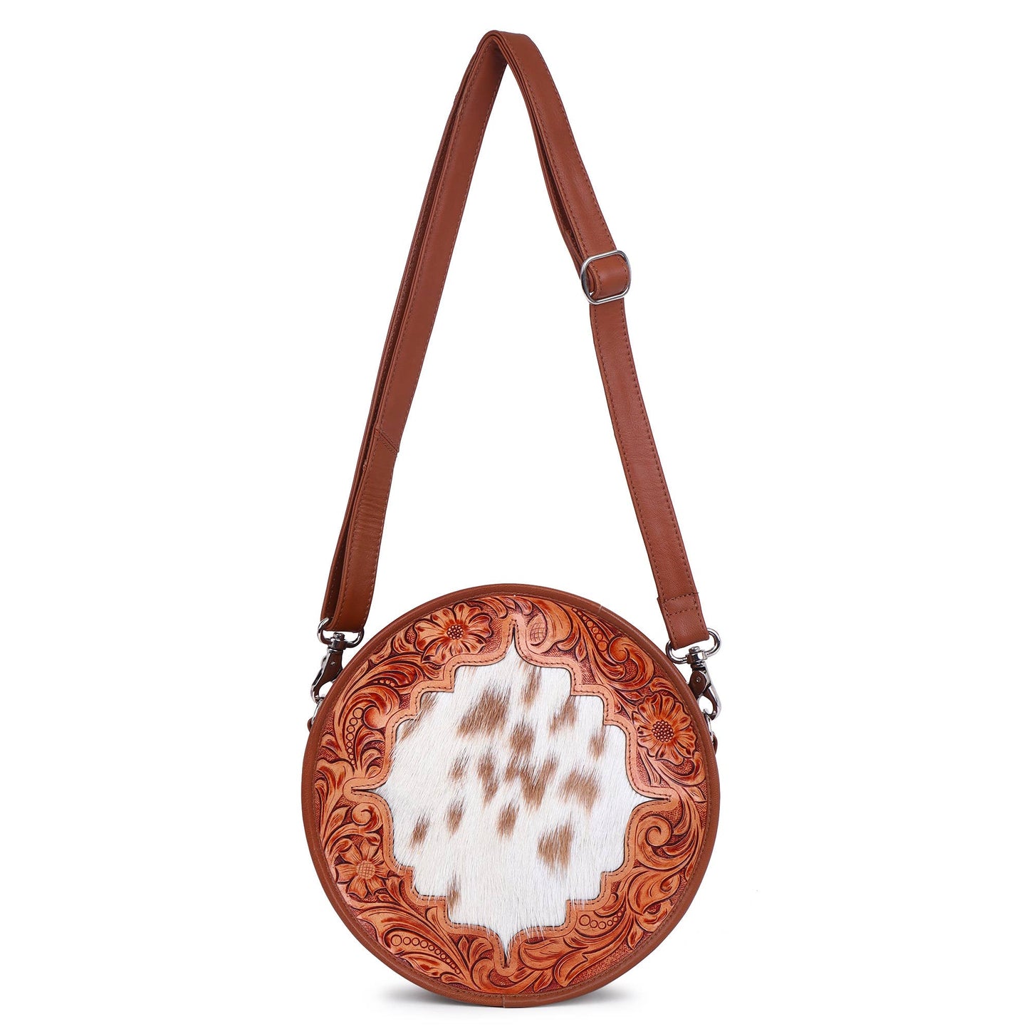 Leather Cowhide Western Hand Tooled Women's Round Crossbody Brown and White