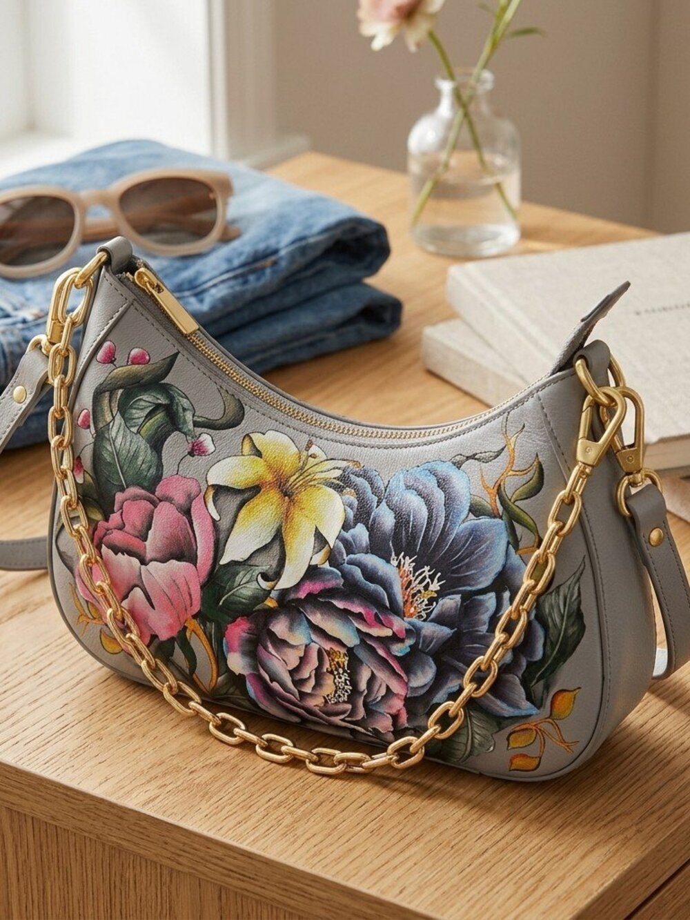 Anuschka East to West Hobo hand painted floral with removable crossbody strap