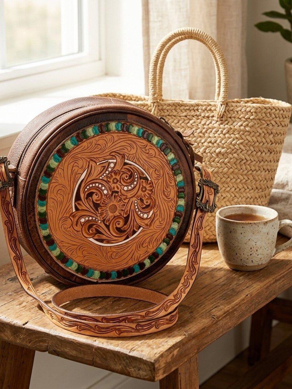 American Darling Boho Tooled Circle Canteen Crossbody Bag