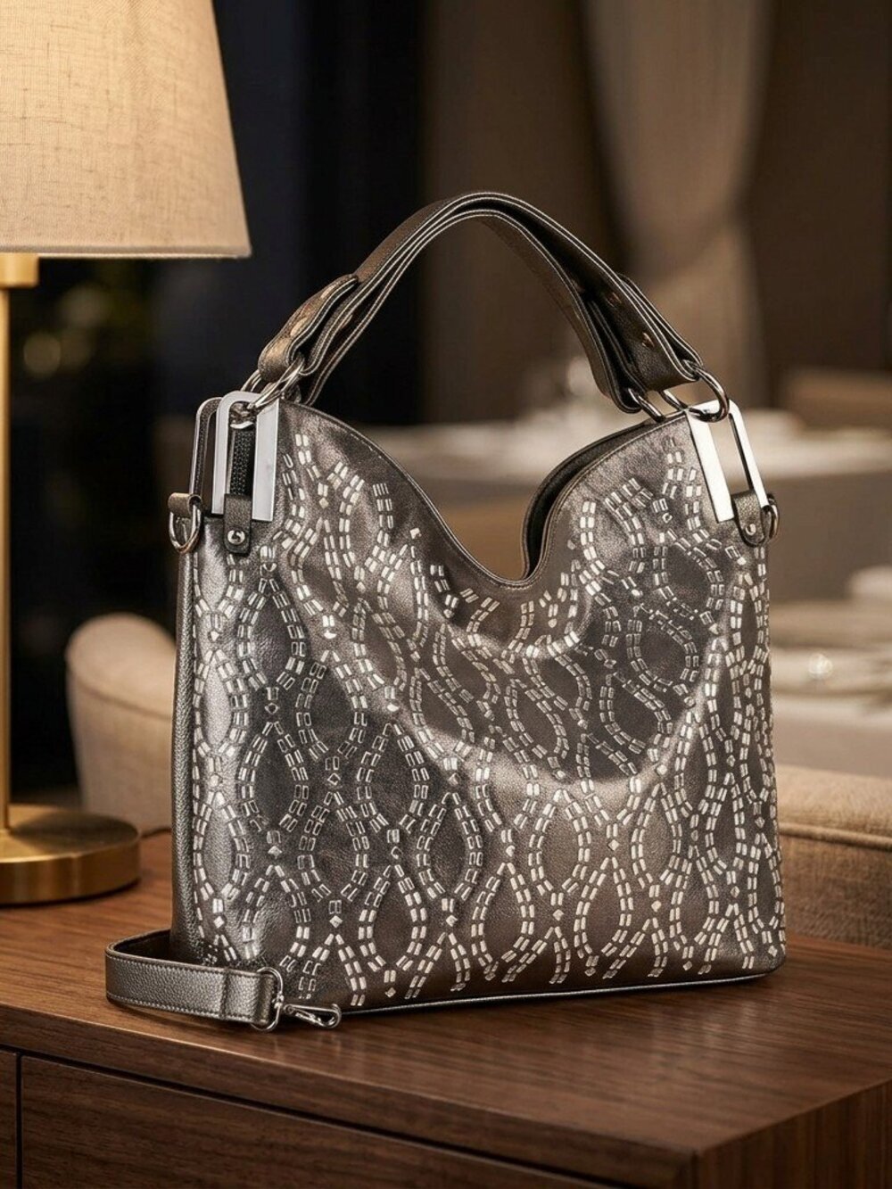 Pewter Mosaic Luxe Shoulder Bag with rhinestone details
