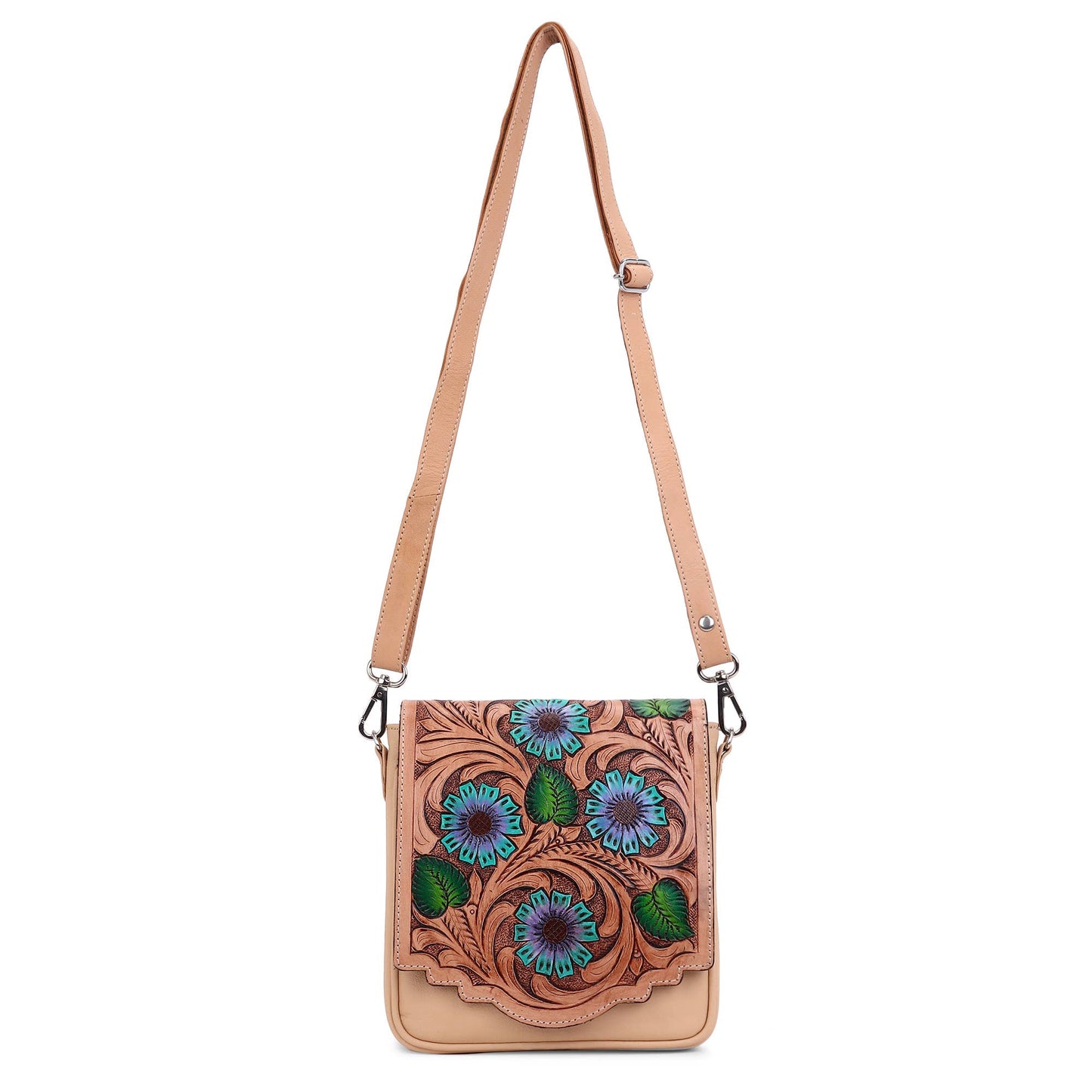 Hummingbird Blooms Leather Tooled Fringed crossbody