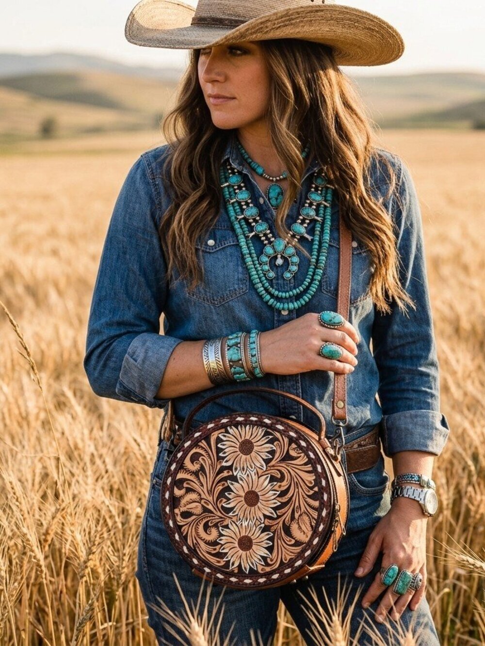 American Darling Boho Sunflower Leather Crossbody