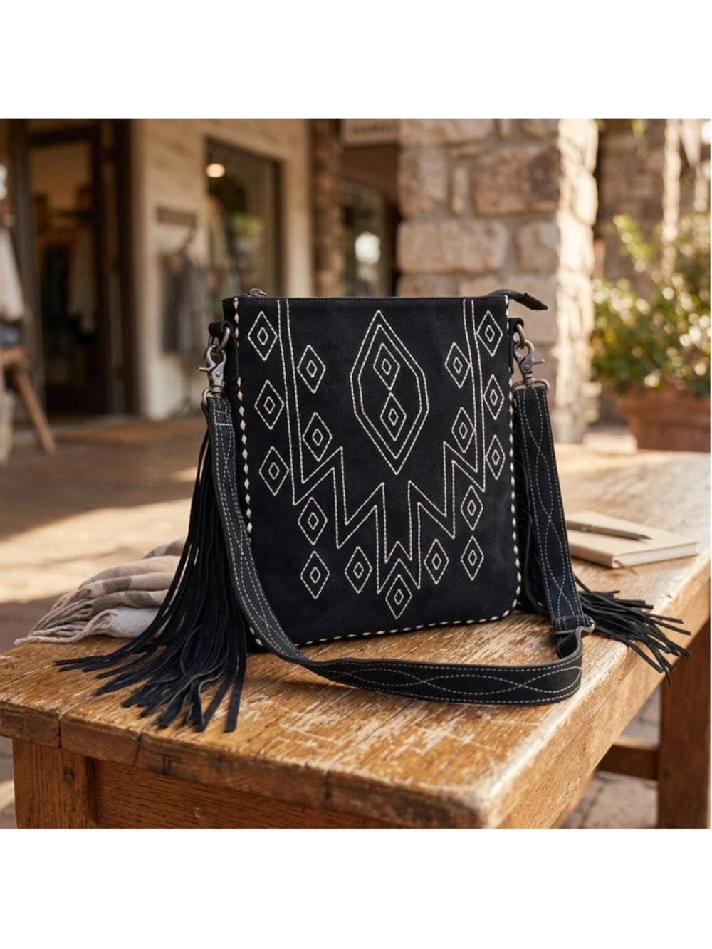 American Darling Black Suede Stitched Boho Fringe Western Crossbody Bag
