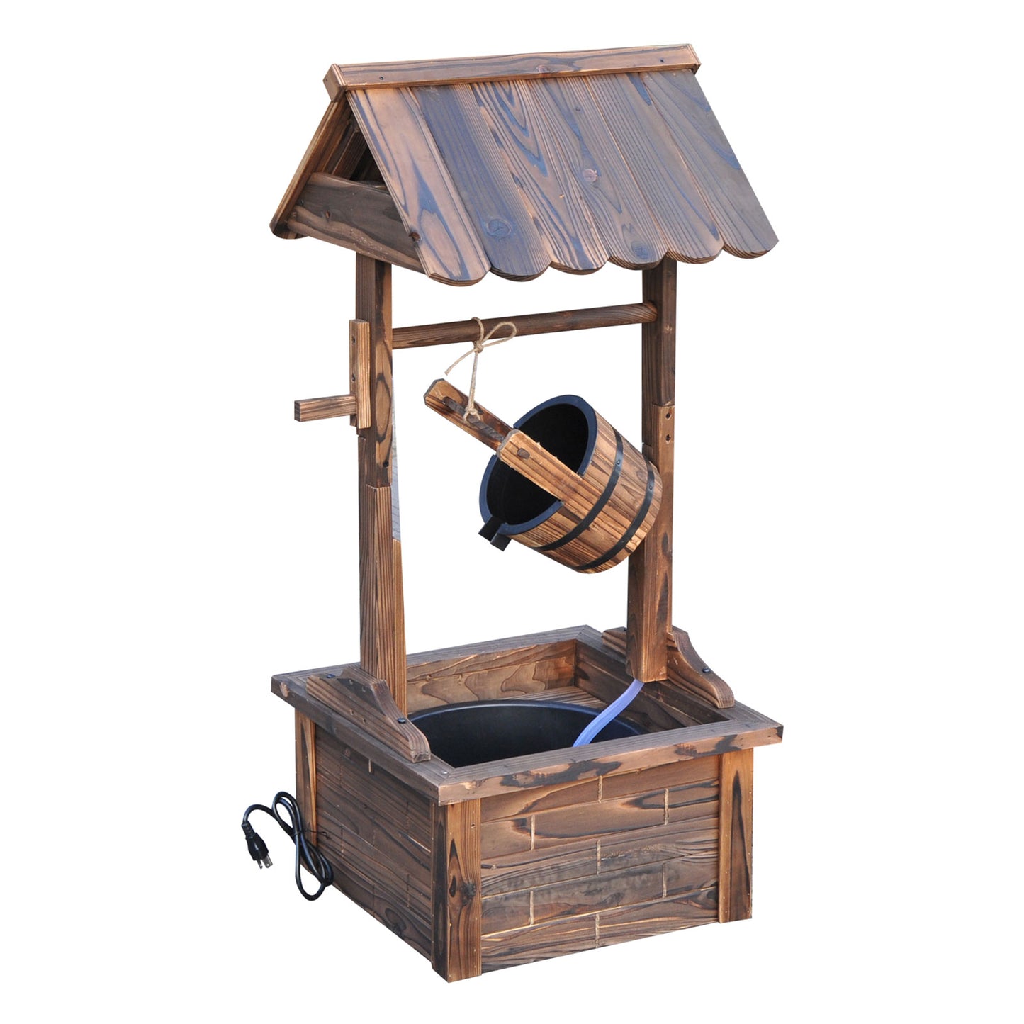Outdoor Wooden Wishing Well Fountain with Adjustable Water Flow Rate, Outdoor Rustic Waterfall Fountain with Electric Pump, Water Bucket, for Backyard Patio Garden Lawn, Carbonized Finish