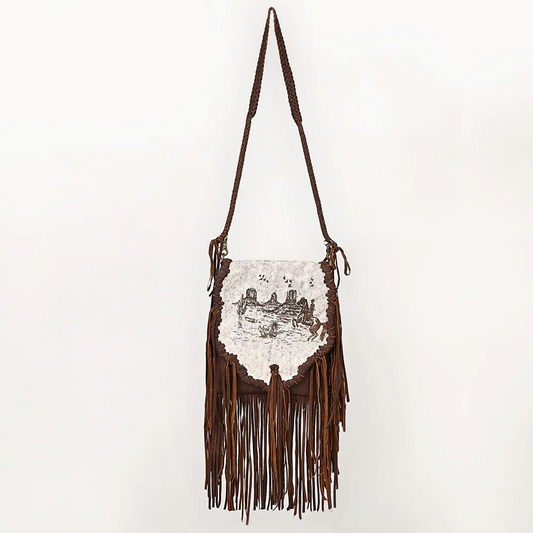 American Darling Western Messenger Bag - Hair-On Leather Fringe Bag with Cowboy Desert Scene & Whipstitch Detail-Conceal Carry