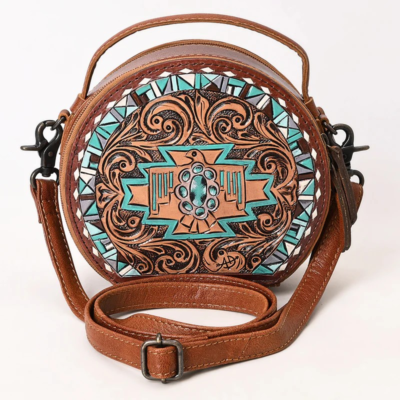 American Darling Western Genuine Leather Hand-Tooled Canteen Crossbody Bag with Buck-Stitched Detailing